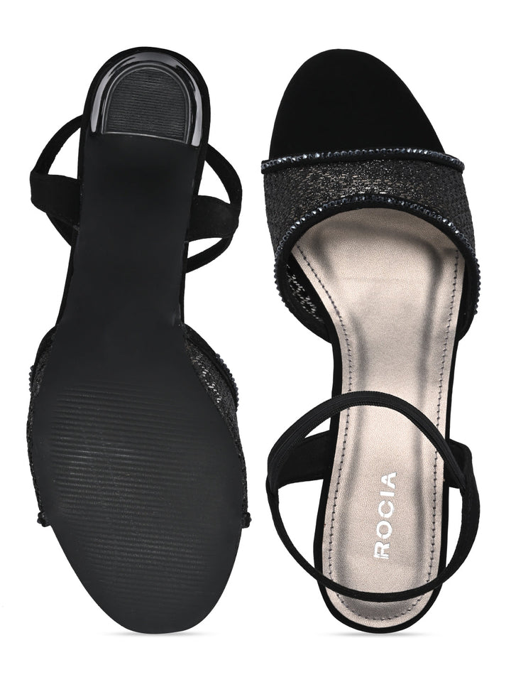 Rocia By Regal Black Women Net With Diamonds Block Heel Sandals