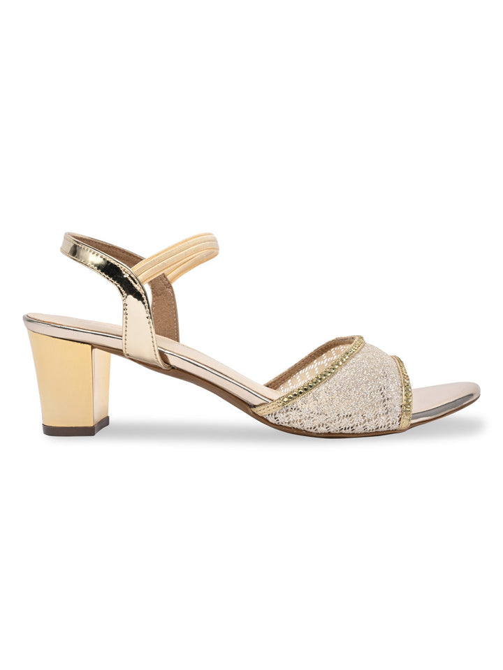 Rocia By Regal Gold Women Net With Diamonds Block Heel Sandals