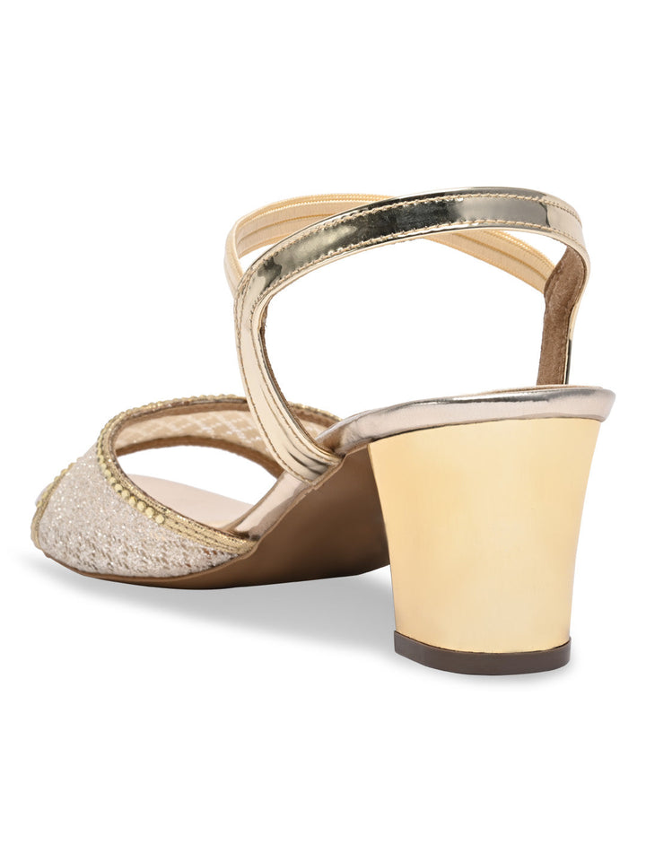 Rocia By Regal Gold Women Net With Diamonds Block Heel Sandals