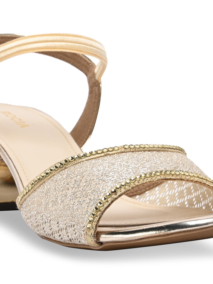 Rocia By Regal Gold Women Net With Diamonds Block Heel Sandals