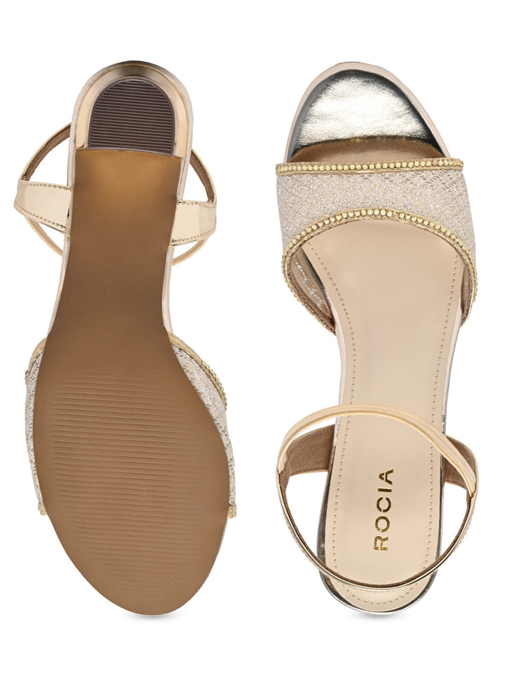 Rocia By Regal Gold Women Net With Diamonds Block Heel Sandals