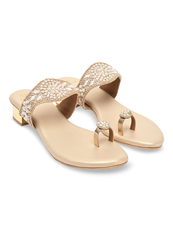 Rocia By Regal Gold Women One Toe Embroidered Sandals