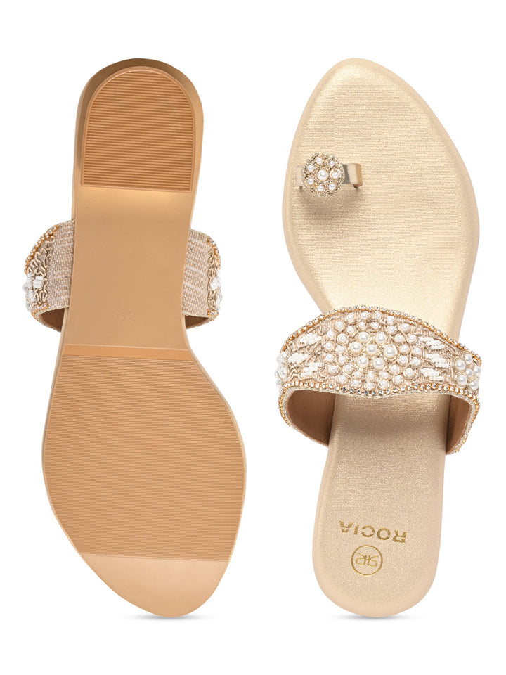 Rocia By Regal Gold Women One Toe Embroidered Sandals