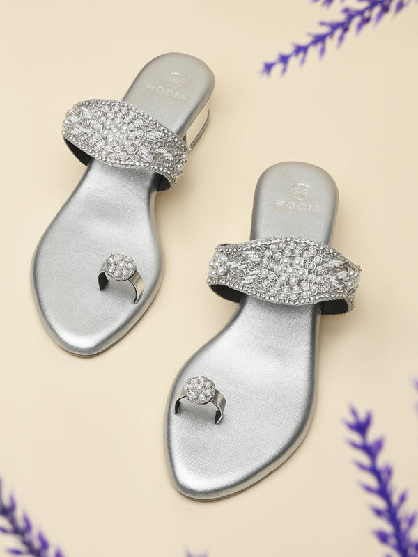 Rocia By Regal Silver Women One Toe Embroidered Sandals