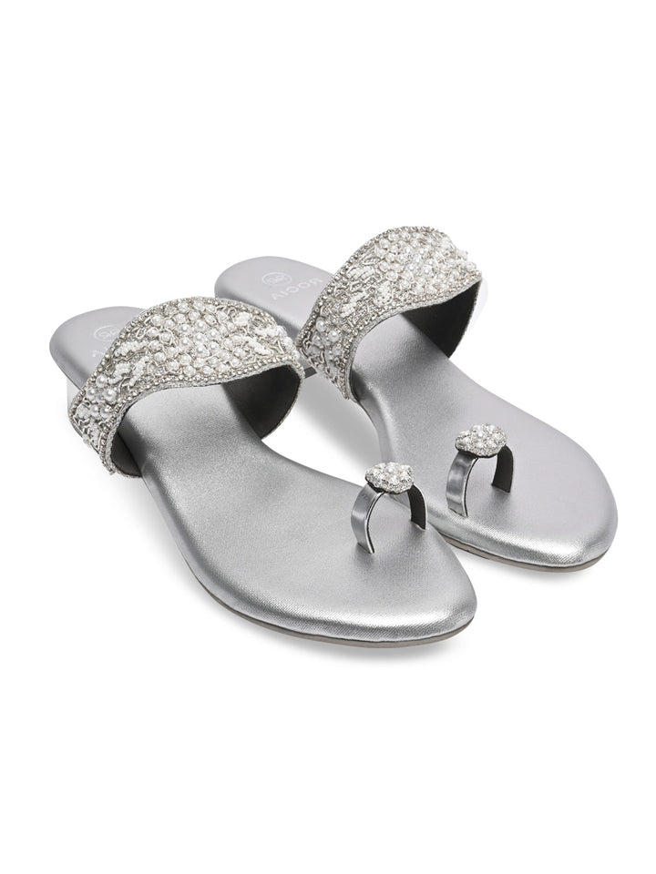 Rocia By Regal Silver Women One Toe Embroidered Sandals