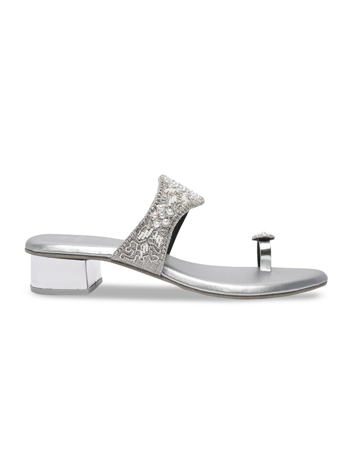 Rocia By Regal Silver Women One Toe Embroidered Sandals