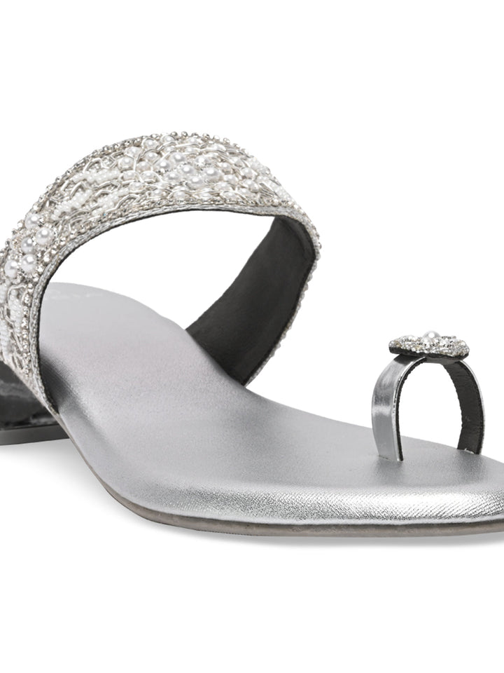 Rocia By Regal Silver Women One Toe Embroidered Sandals