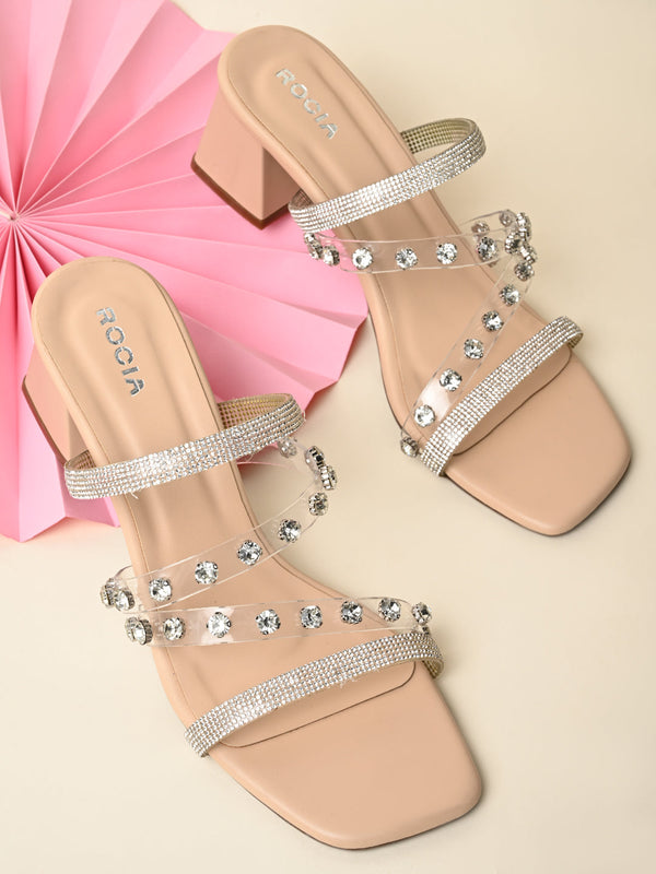 Rocia By Regal Transparent Women Diamond Studded Block Heel Sandals