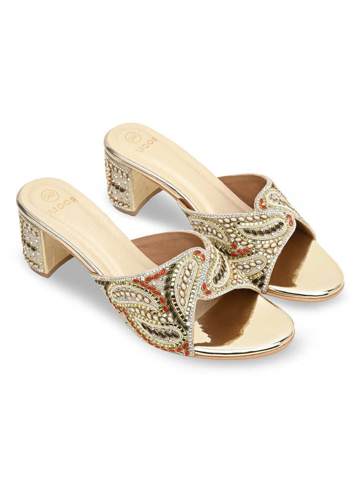 Rocia By Regal Gold Women Heavy Embroidered Block Heel Sandals