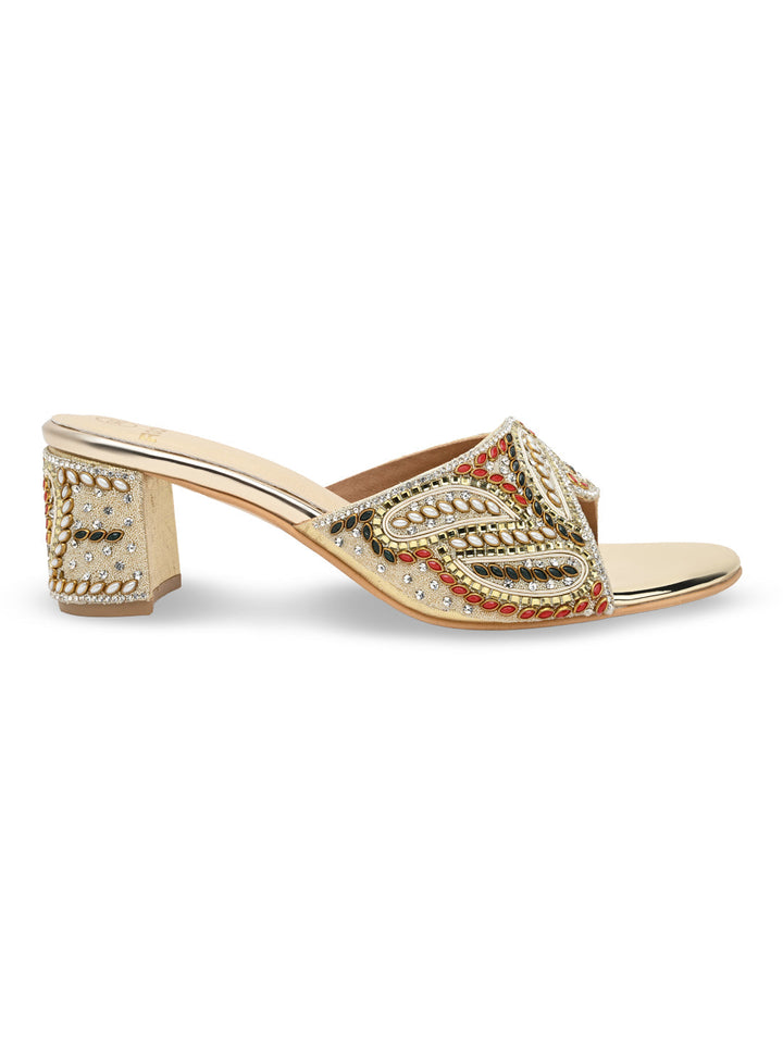 Rocia By Regal Gold Women Heavy Embroidered Block Heel Sandals