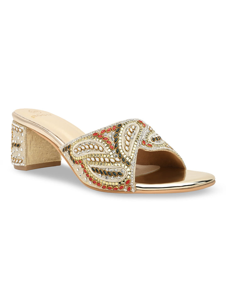 Rocia By Regal Gold Women Heavy Embroidered Block Heel Sandals