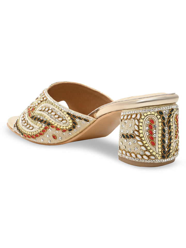 Rocia By Regal Gold Women Heavy Embroidered Block Heel Sandals