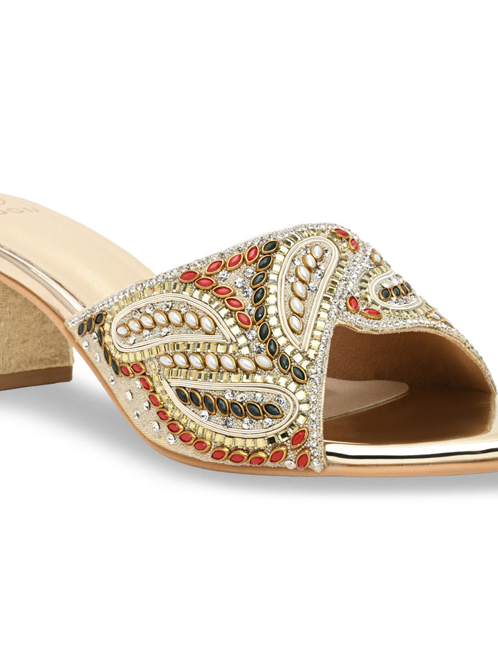 Rocia By Regal Gold Women Heavy Embroidered Block Heel Sandals