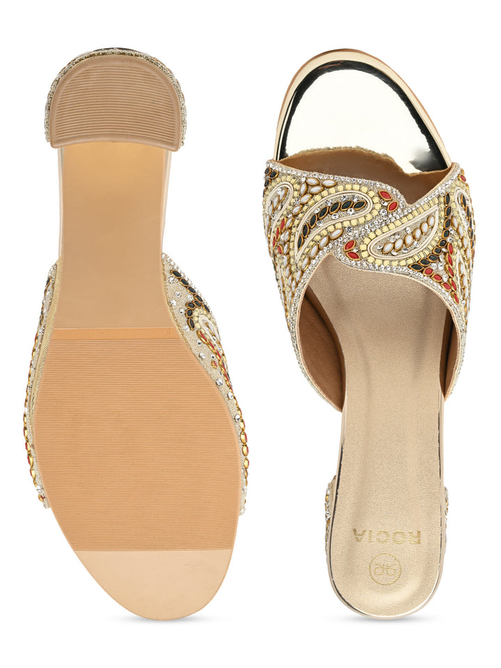 Rocia By Regal Gold Women Heavy Embroidered Block Heel Sandals