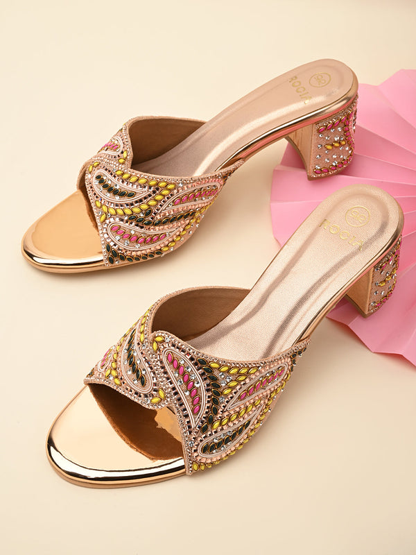 Rocia By Regal Rose Gold Women Heavy Embroidered Block Heel Sandals