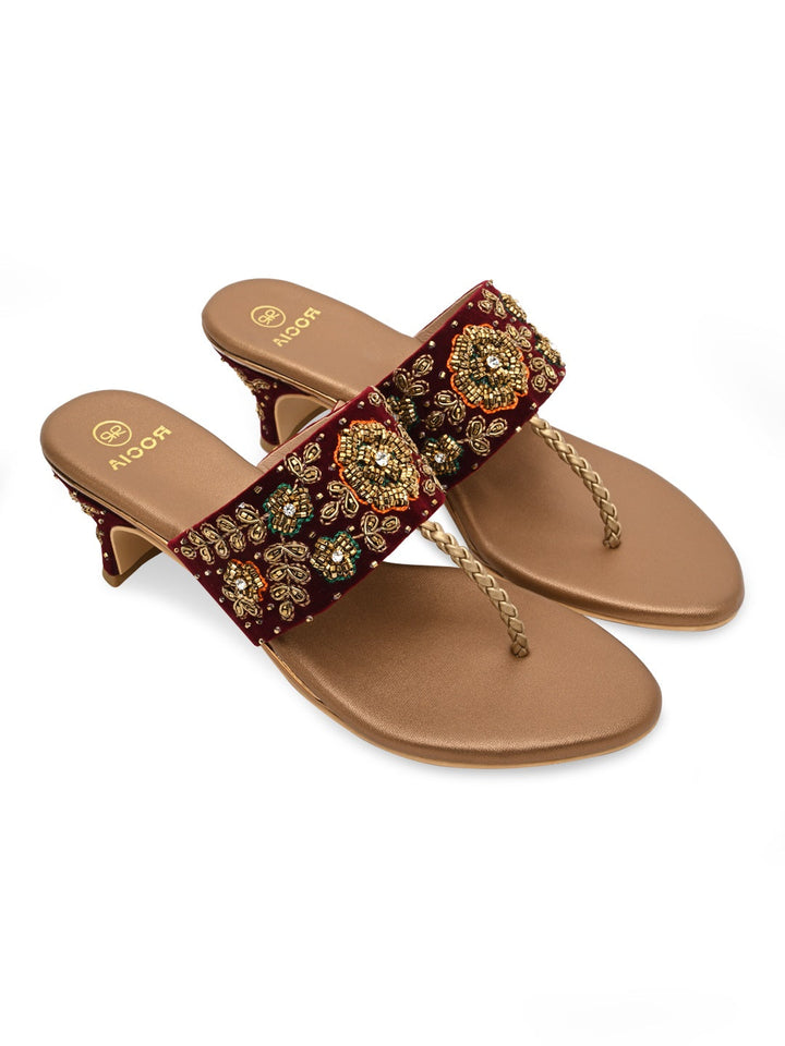Rocia By Regal Antique Gold Women Hand Embroidered Velvet Sandals