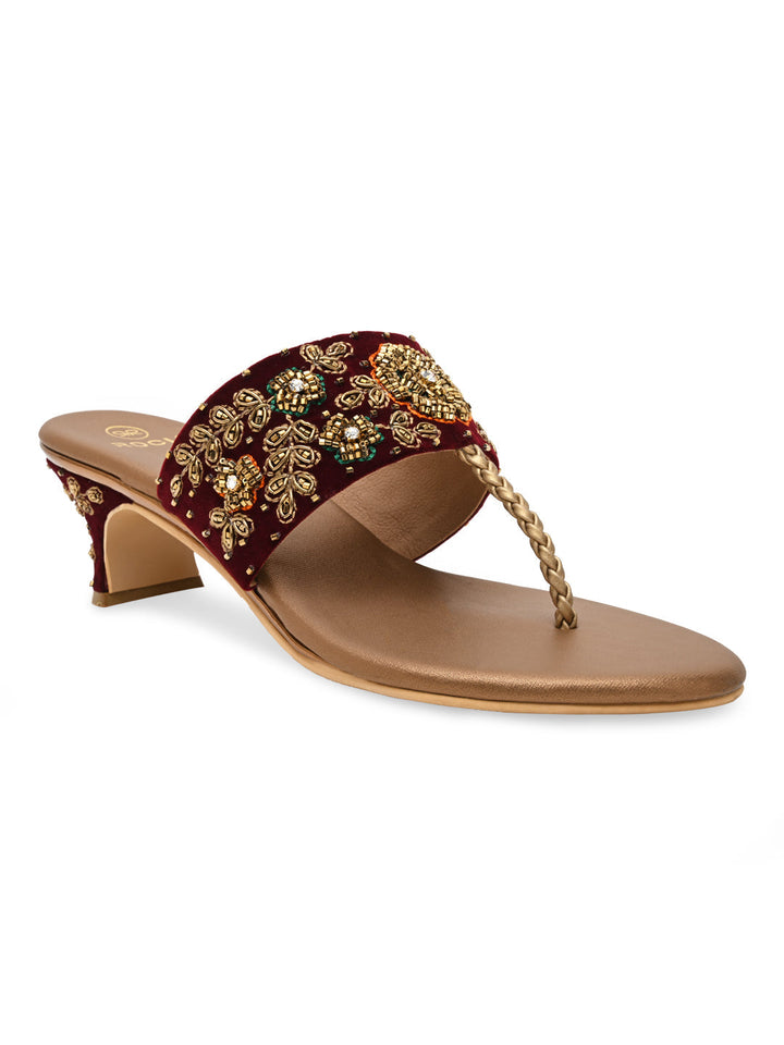 Rocia By Regal Antique Gold Women Hand Embroidered Velvet Sandals