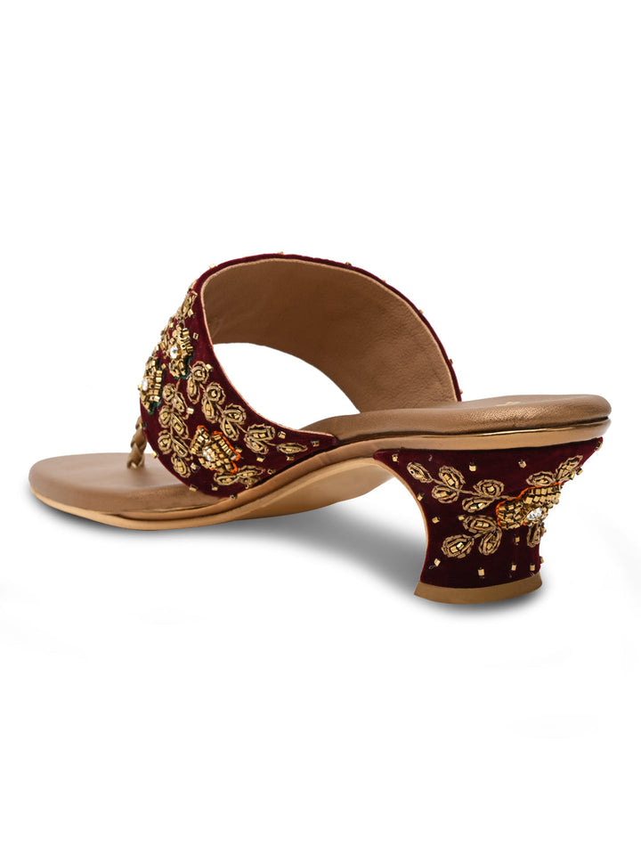 Rocia By Regal Antique Gold Women Hand Embroidered Velvet Sandals