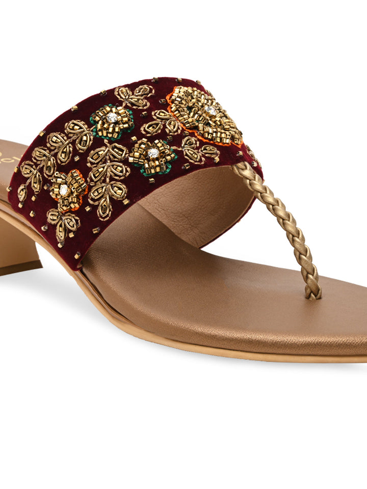 Rocia By Regal Antique Gold Women Hand Embroidered Velvet Sandals