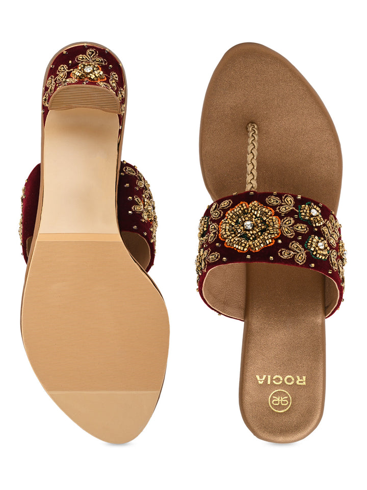 Rocia By Regal Antique Gold Women Hand Embroidered Velvet Sandals
