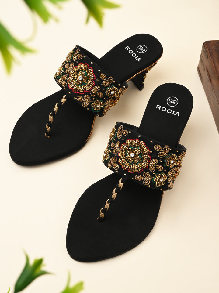 Rocia By Regal Black Women Hand Embroidered Velvet Sandals