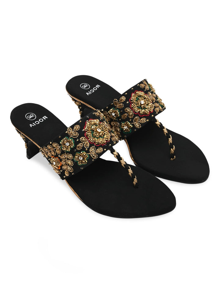 Rocia By Regal Black Women Hand Embroidered Velvet Sandals
