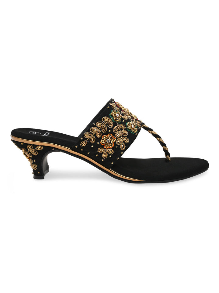 Rocia By Regal Black Women Hand Embroidered Velvet Sandals