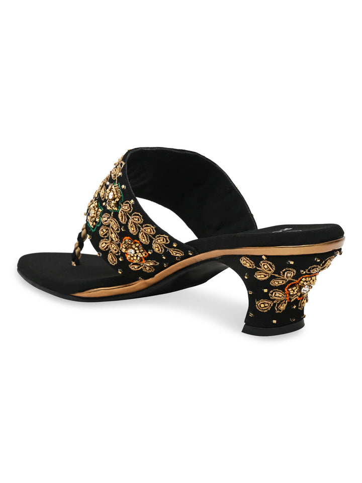 Rocia By Regal Black Women Hand Embroidered Velvet Sandals