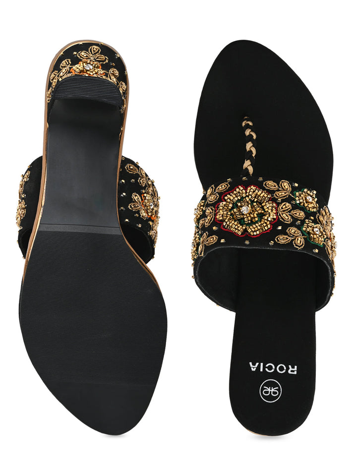 Rocia By Regal Black Women Hand Embroidered Velvet Sandals