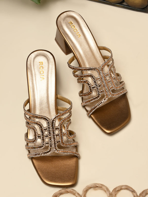 Rocia By Regal Antique Gold Women Diamond Studded Block Heels