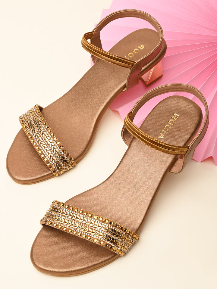 Rocia By Regal Antique Gold Women Hand Embroidered Strap Fancy Sandals