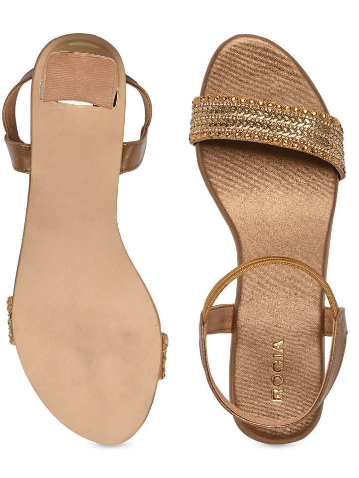 Rocia By Regal Antique Gold Women Hand Embroidered Strap Fancy Sandals