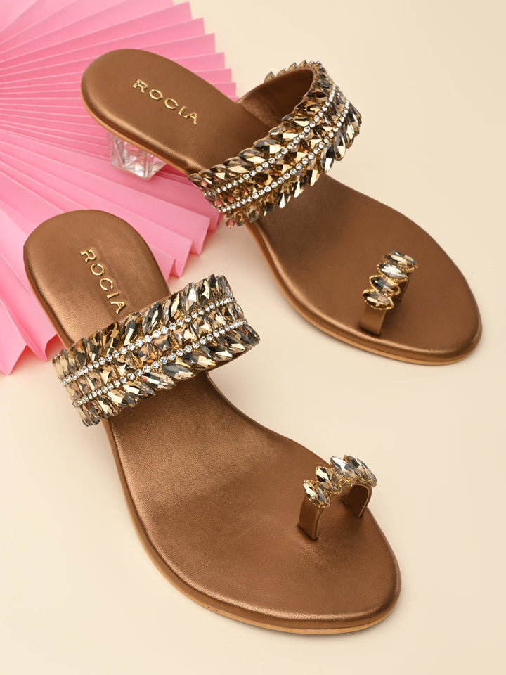 Rocia By Regal Antique Gold Women One Toe Diamond Encrusted Glass Heel Sandal