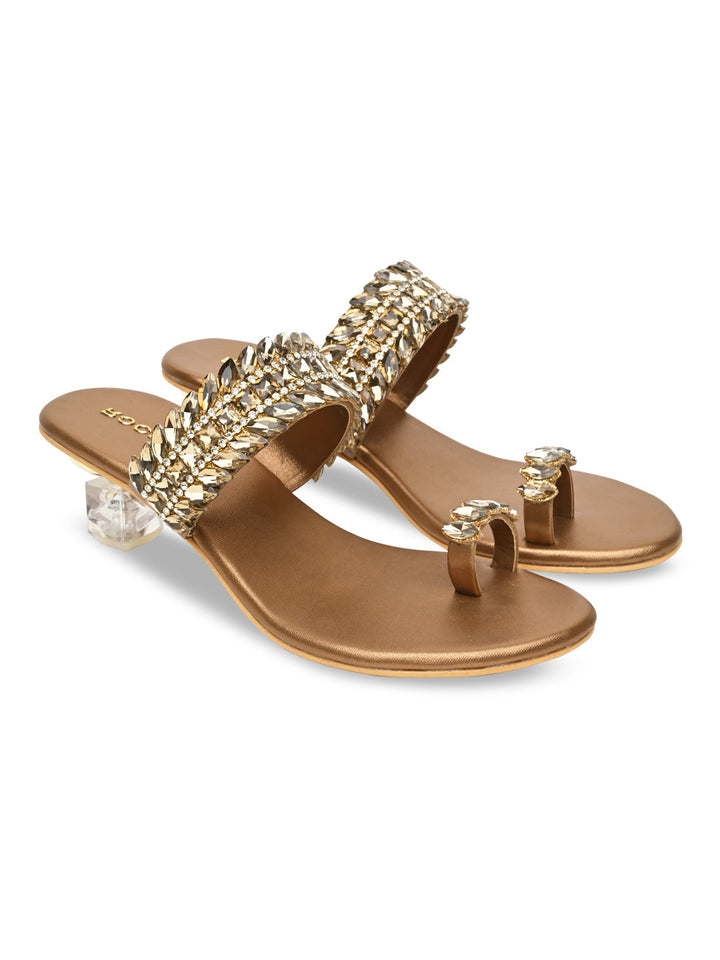 Rocia By Regal Antique Gold Women One Toe Diamond Encrusted Glass Heel Sandal