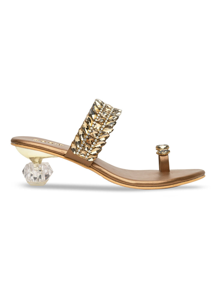 Rocia By Regal Antique Gold Women One Toe Diamond Encrusted Glass Heel Sandal