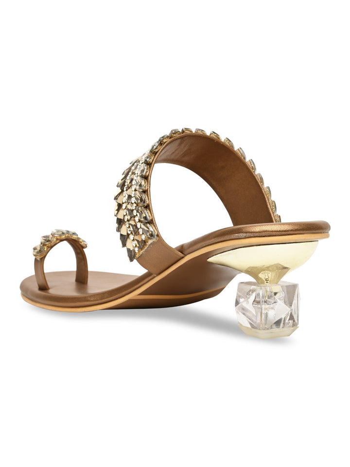 Rocia By Regal Antique Gold Women One Toe Diamond Encrusted Glass Heel Sandal