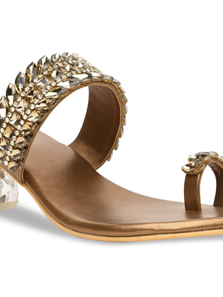 Rocia By Regal Antique Gold Women One Toe Diamond Encrusted Glass Heel Sandal