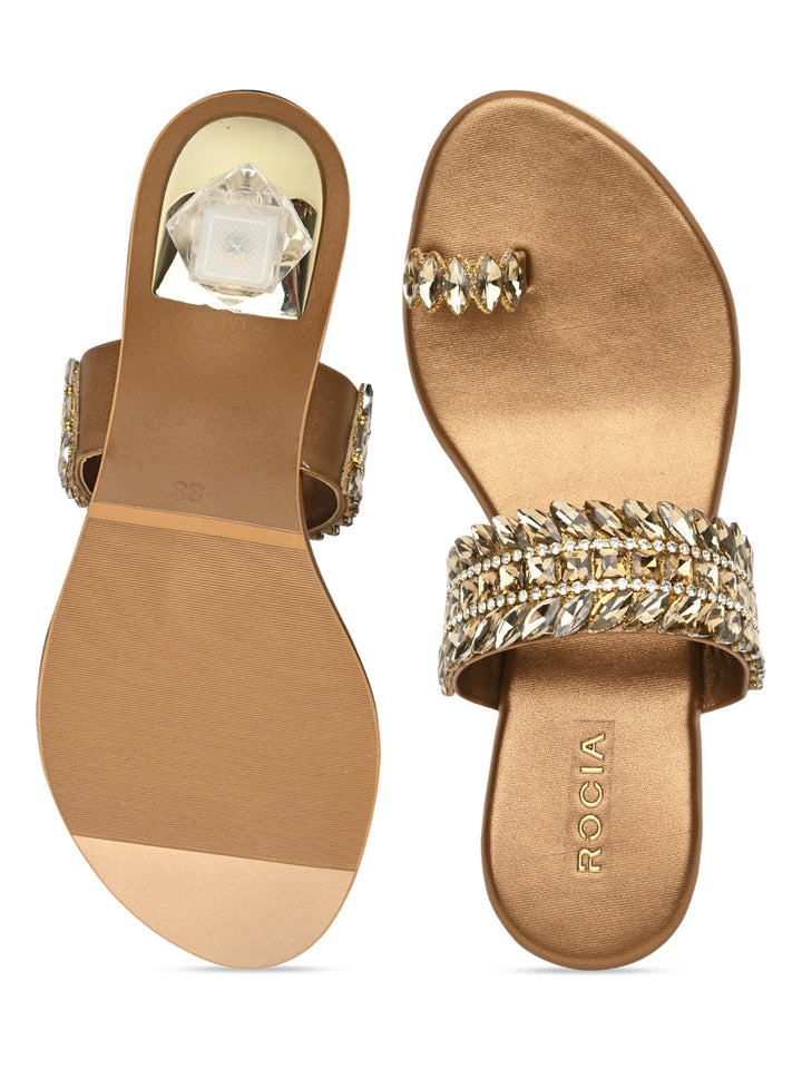 Rocia By Regal Antique Gold Women One Toe Diamond Encrusted Glass Heel Sandal