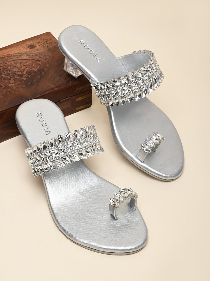 Rocia By Regal Silver Women One Toe Diamond Encrusted Glass Heel Sandal