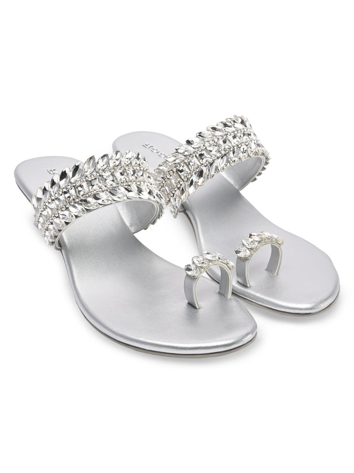 Rocia By Regal Silver Women One Toe Diamond Encrusted Glass Heel Sandal