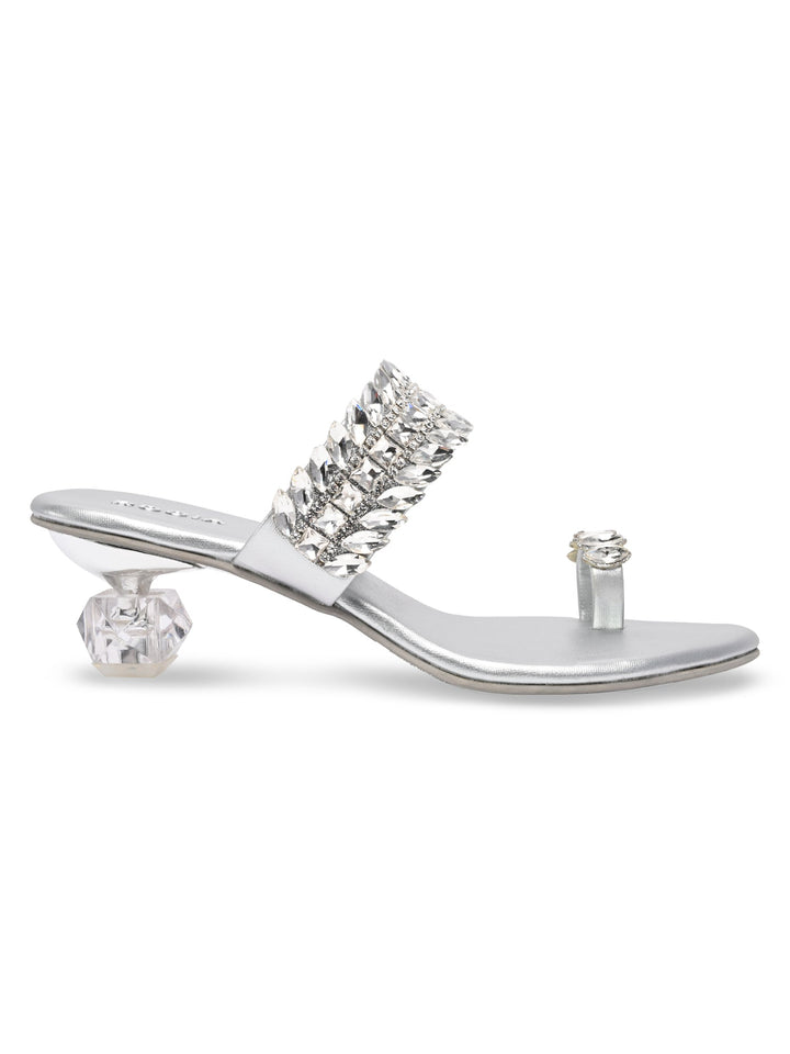 Rocia By Regal Silver Women One Toe Diamond Encrusted Glass Heel Sandal