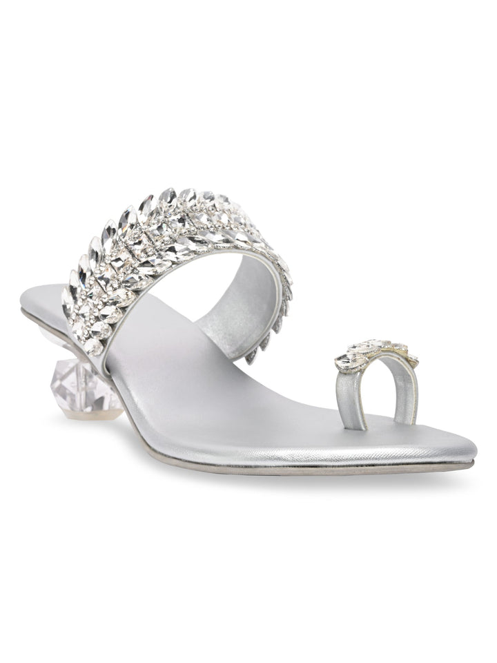 Rocia By Regal Silver Women One Toe Diamond Encrusted Glass Heel Sandal