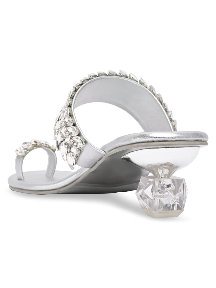 Rocia By Regal Silver Women One Toe Diamond Encrusted Glass Heel Sandal