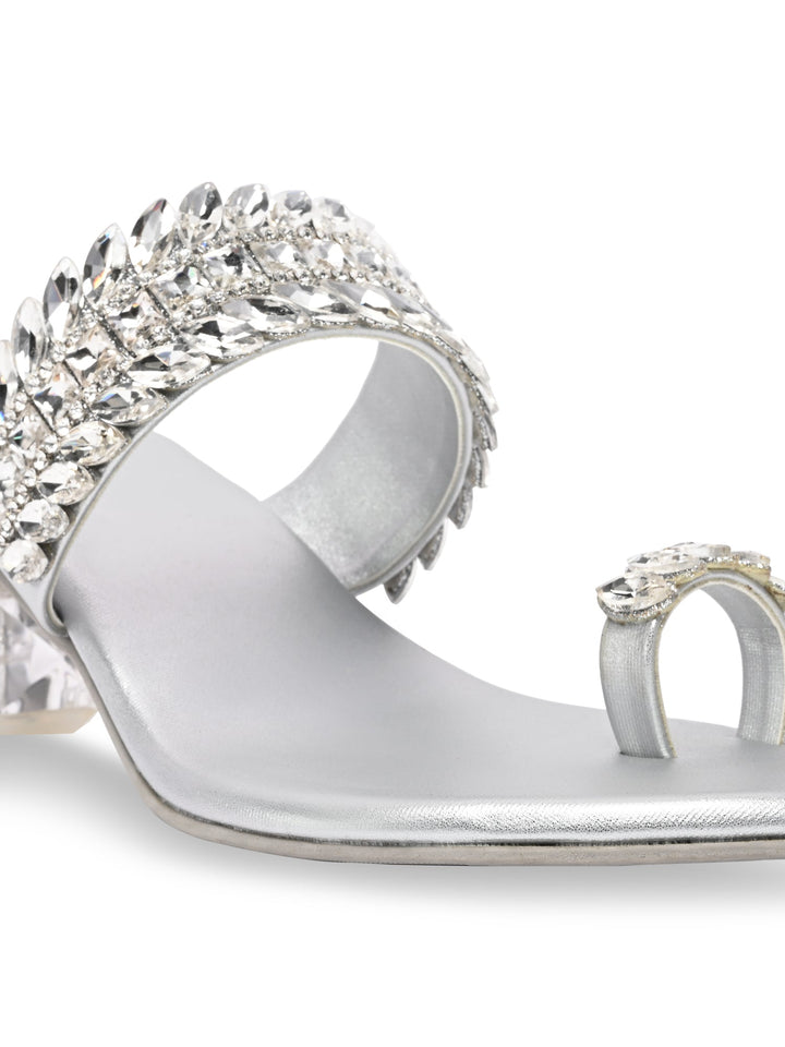 Rocia By Regal Silver Women One Toe Diamond Encrusted Glass Heel Sandal