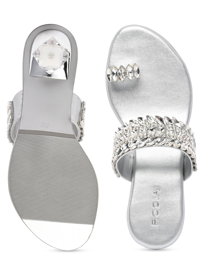 Rocia By Regal Silver Women One Toe Diamond Encrusted Glass Heel Sandal