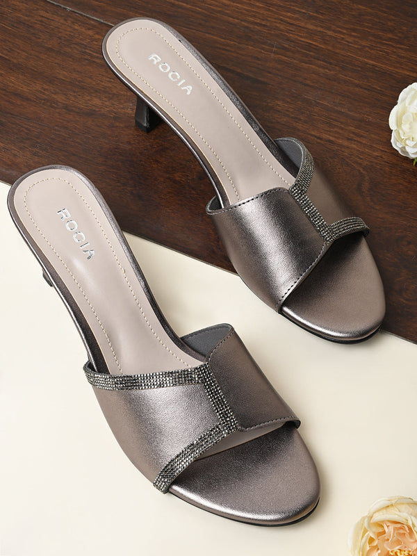 Rocia By Regal Gun Metal Women Diamond Embellished Kitten Heel Sandals