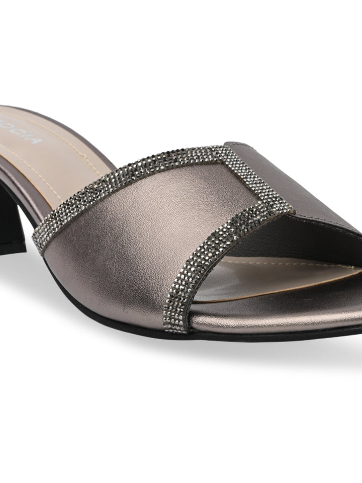 Rocia By Regal Gun Metal Women Diamond Embellished Kitten Heel Sandals