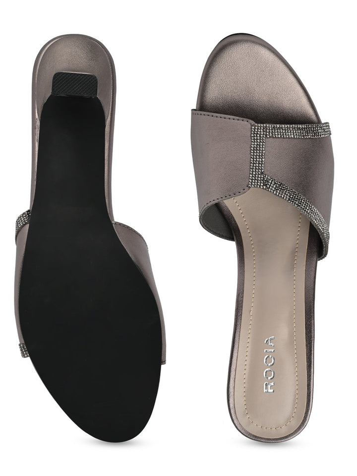 Rocia By Regal Gun Metal Women Diamond Embellished Kitten Heel Sandals