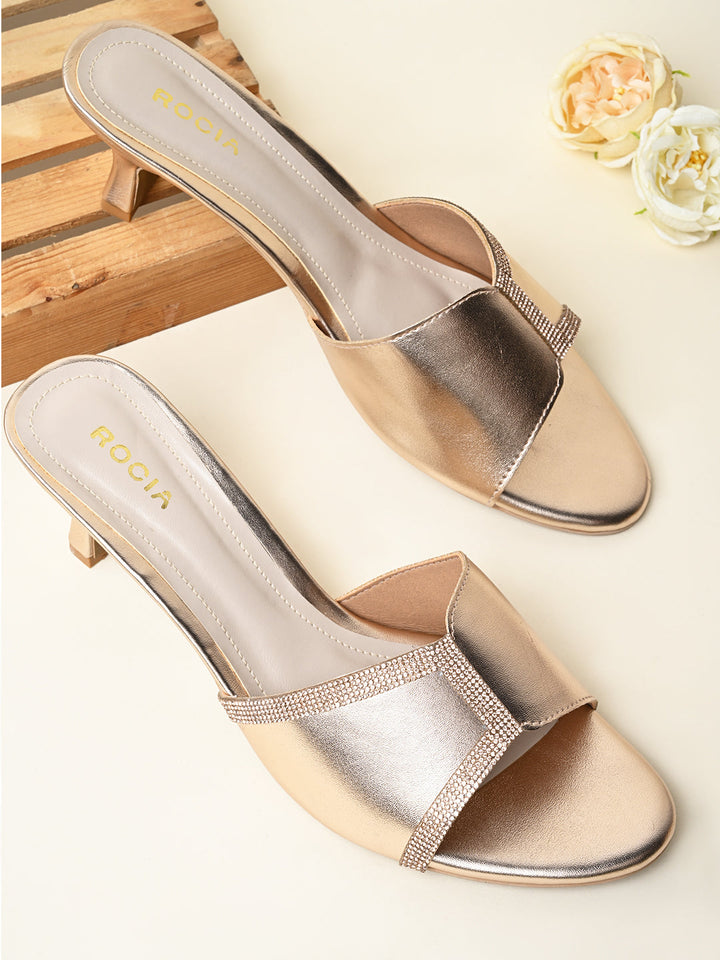 Rocia By Regal Rose Gold Women Diamond Embellished Kitten Heel Sandals