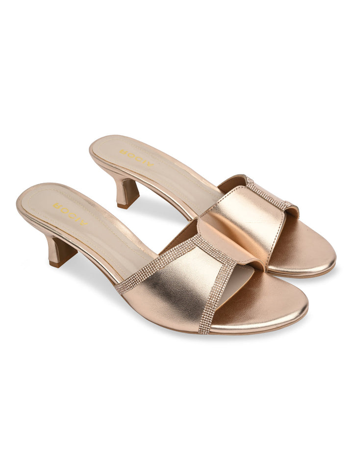 Rocia By Regal Rose Gold Women Diamond Embellished Kitten Heel Sandals